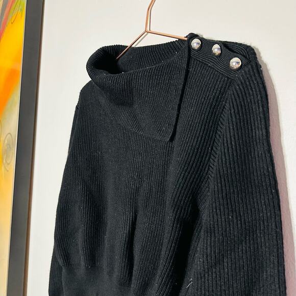 Milly Black Turtleneck Silver Button Accent Merino Wool Chunky Sweater Size L - Picture 2 of 10